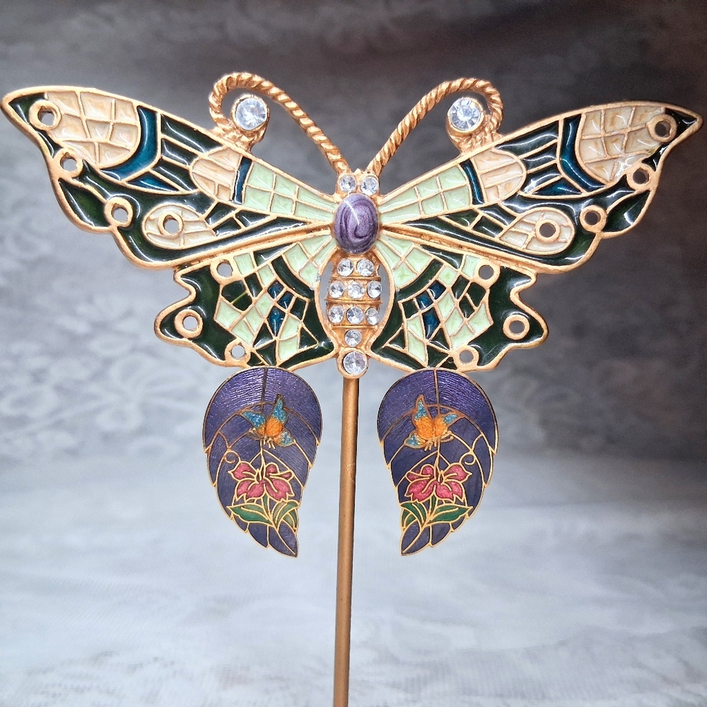Vintage Cloisonne Earrings Butterfly And Flower Design Leaf Wing Purple Postback